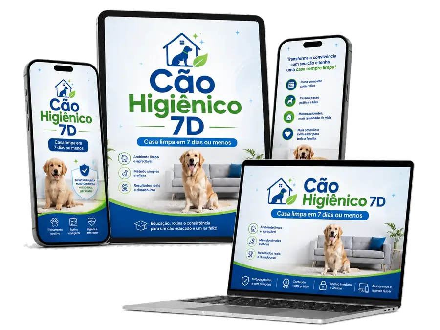Mockup do Cão Higiênico 7D com celular, tablet e notebook